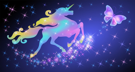Obraz na płótnie Canvas Iridescent unicorn with luxurious winding mane and butterfly against the background of the fantasy universe with sparkling stars