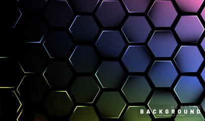 Abstract hexagon gradient colorful light pattern with a dark background technology style. Honeycomb. Vector illustration