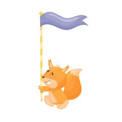 Cartoon squirrel with a flag. Vector illustration on a white background.