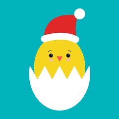 Funny cartoon cute chicken in santa s hat isolated on white background. Vector illustration