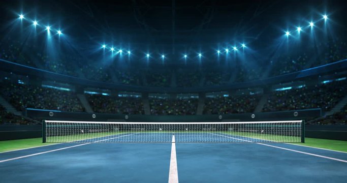 Illuminated tennis blue court before the game in a hall full of spectators, professional tennis sport 4k animation loop background