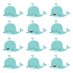 Cute baby whale set. Vector cartoon character of magic whale with different kawaii emotions isolated on a white background. © YuliaR