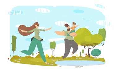 Happy Father, Mother and Kid near Lake Cartoon