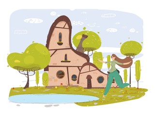 Happy Woman in Traditional Clothes in Yard Cartoon