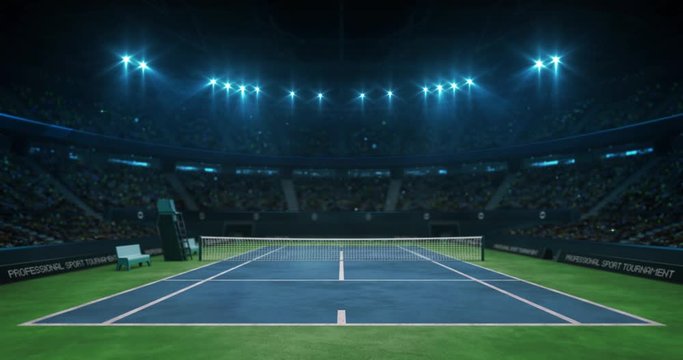 Lighting the tennis blue court before the game in the hall full of spectators, professional tennis sport 4k animation loop background
