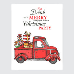 Vector hand drawn Card of happy new year. Invite for Christmas party with transport of Santa Claus.
