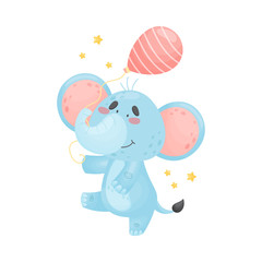 Cartoon elephant with a balloon. Vector illustration on a white background.