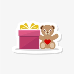 Teddy bear with gift box flat sticker, symbol, sign