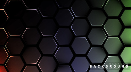 Abstract hexagon gradient colorful light pattern with a dark background technology style. Honeycomb. Vector illustration