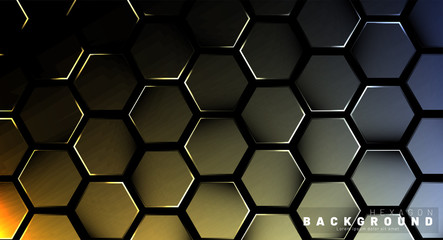 Abstract hexagon gradient colorful light pattern with a dark background technology style. Honeycomb. Vector illustration