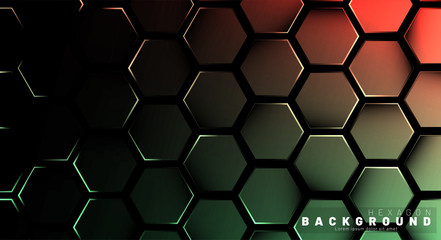 Abstract hexagon gradient colorful light pattern with a dark background technology style. Honeycomb. Vector illustration