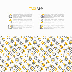 Taxi app concept with thin line icons: payment method, promocode, app settings, info, support service, phone number, route, destination, airport transfer, baby seat. Vector illustration.