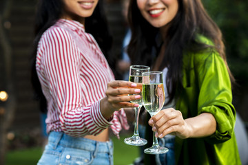 Close-up smiley girls with champagne glasses