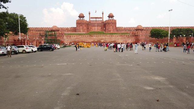 Static front facade view of the Red Fort, also called Lal Kila or Lal Qila, is a UNESCO world heritage historical Mughal fort in the national capital of New Delhi, India in gimbal stabilized 4k 60fps 