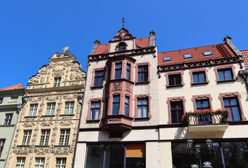 Historical buildings of medieval town Torun, Poland. August 2019