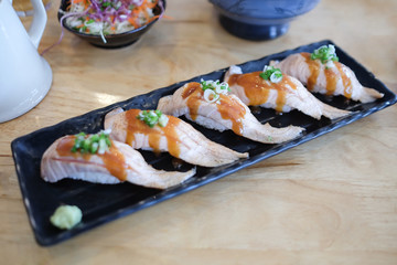 salmon burn sushi food in home for eating 