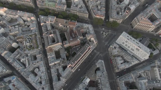 Aerial Drone top shot of Streets and historic buildings in Paris, France