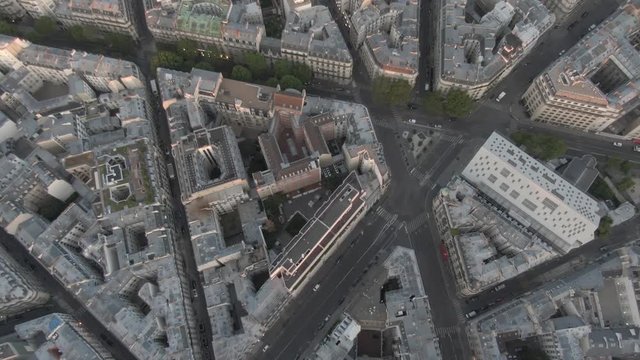 Aerial Drone top shot of Streets and historic buildings in Paris, France