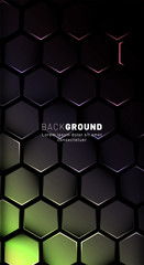 Vertical hexagon background. Gradient color light pattern with dark background technology style. Honeycomb. Vector illustration of light.