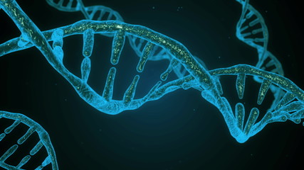 Abstract blue glittering DNA double helix with depth of field. Animation of DNA construction from debrises. Science animation. 3d rendering Genom futuristic footage. Conceptual design of genetics