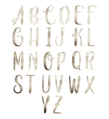 Hand drawn english calligraphic alphabet with silver texture. Each letter isolated on a white background. 