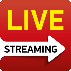 Button Live streaming - red design emblem with play button for news and TV or online broadcasting. Vector illustration.