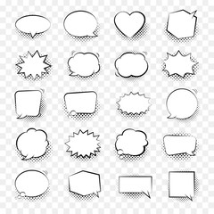Comic speech bubbles isolated with halftone shadows on transparent background.