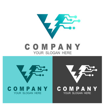 letter v logo with thunder, initial logo template, technology and lightning icon