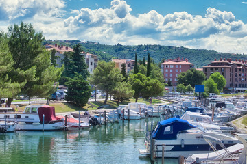 Yachts, boats and ships in the marina of Portorose (Portoroz) resort on Adriatic sea in Slovenia