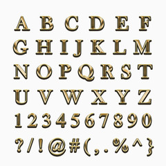 Golden alphabet, numbers, signs on a white background.