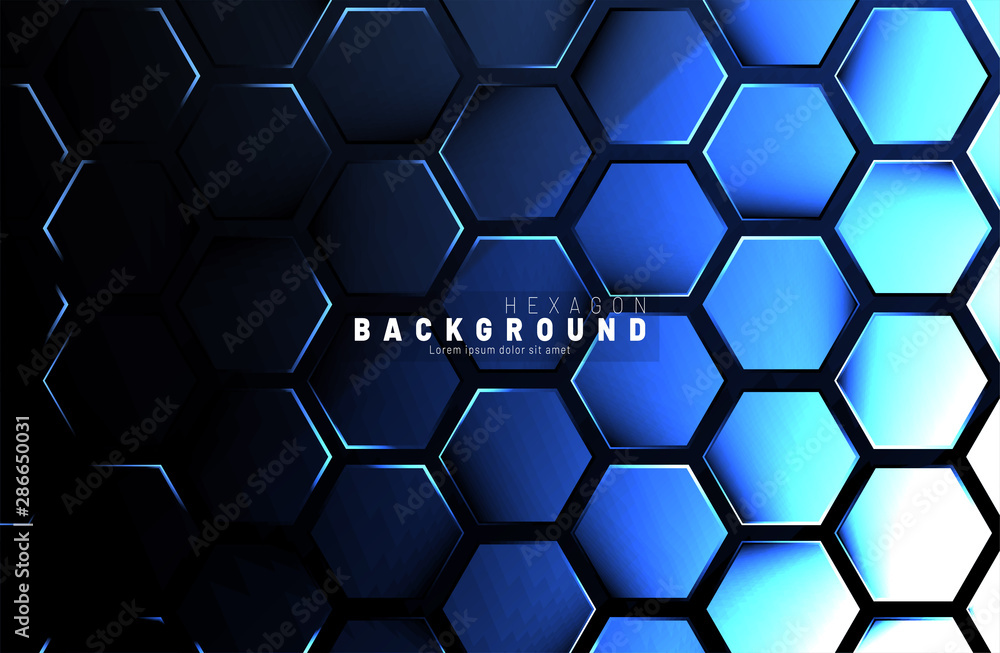 Wall mural abstract hexagon blue neon gradient pattern on a dark background technology style. honeycomb. vector