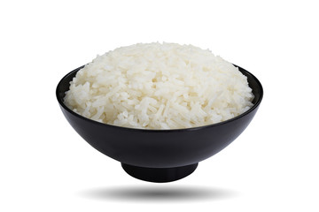 Jasmine rice cooked  in a black bowl isolated on the white background. This has clipping path.