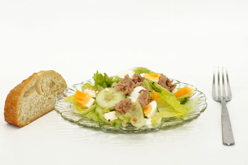 Frischer Salat mit Gurke, Ei, Käse und Thunfisch