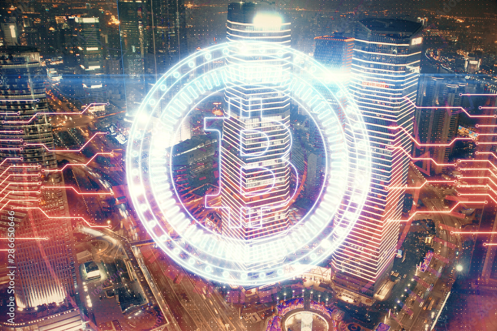Poster multi exposure of cryptocurrency theme hologram drawing and city veiw background. concept of blockch