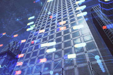 Plakat Data theme hologram drawing on city view with skyscrapers background multi exposure. Bigdata concept.