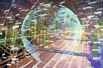 Double exposure of business theme hologram drawing and city veiw background. Concept of success.