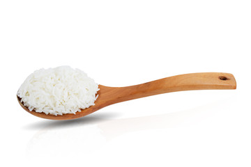 Fototapeta na wymiar Jasmine rice on wooden ladle isolated on white background. This has clipping path. 