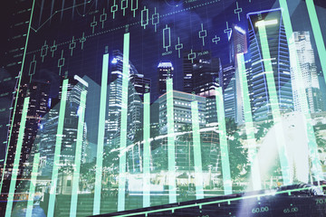 Financial chart on city scape with tall buildings background multi exposure. Analysis concept.