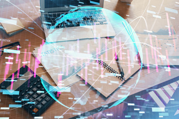 Multi exposure of forex graph and work space with computer. Concept of international online trading.