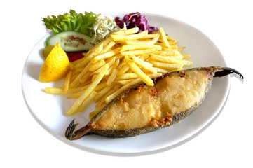 Fried fish - halibut, salad and french fries on plate