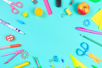 School stationery on color background. Back to school creative  Image  with text place