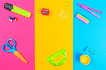School stationery on color background. Back to school creative  Image  with text place