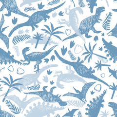 Vector light blue and white dinosaur sketch repeat pattern with chaotic arrangement. Perfect for textile, giftwrap and wallpaper.