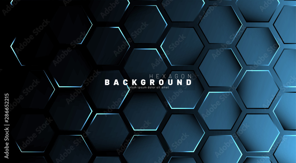 Wall mural abstract hexagon blue neon gradient pattern on a dark background technology style. honeycomb. vector