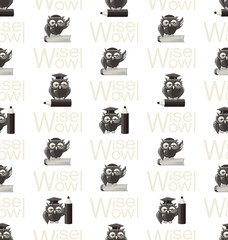 Wise owl with a book and a pencil. Seamless pattern. Image of a gray owl for use in corporate identity design, libraries, stationery, planner, organizer, notebooks.