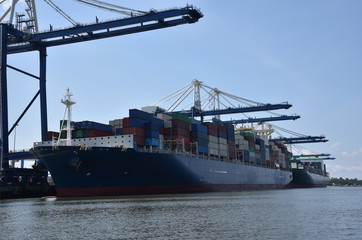 Fototapeta premium Cargo container ship during cargo operations in the port of Charleston, South Carolina. 