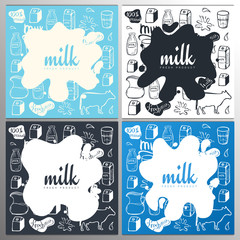 Set of Milk splashes banners and blot design on the hand draw doodle background.