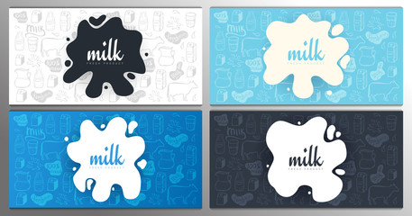 Set of Milk splashes banners and blot design on the hand draw doodle background.