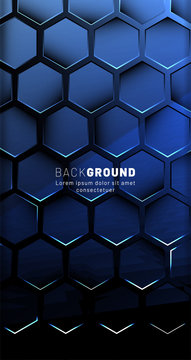 Vertical hexagon background. Gradient color light pattern with dark background technology style. Honeycomb. Vector illustration of light.