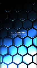 Vertical hexagon background. Gradient color light pattern with dark background technology style. Honeycomb. Vector illustration of light.